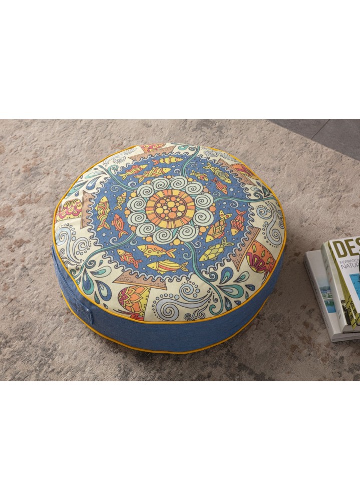 Serenon Ocean Mandala Yuvarlak Yer Minderi – Balıklı Mandala Desenli & Kot Mavi Kenarlı