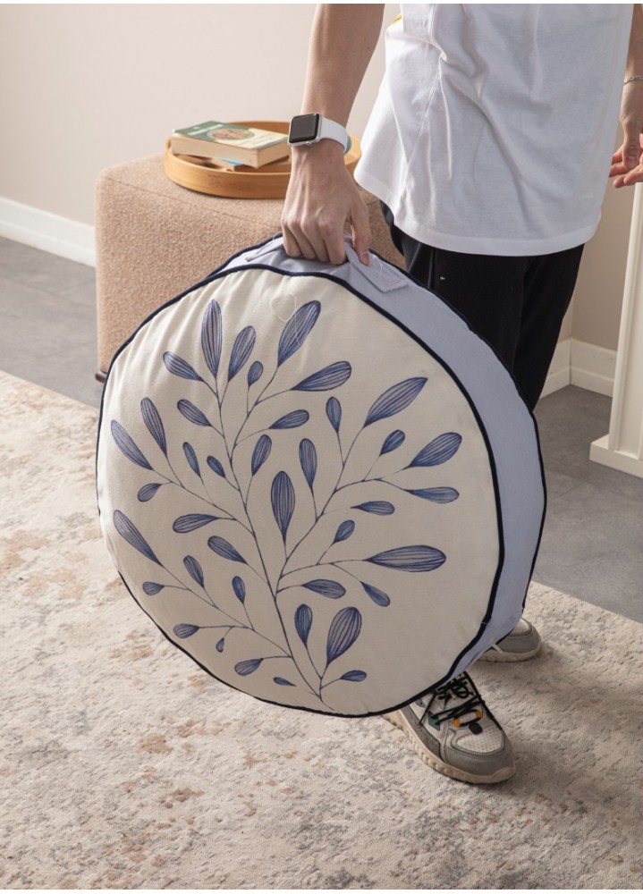 Serenon Indigo Leaf Yer Minderi – Mavi Yaprak Desenli & Açık Mavi Kenarlı
