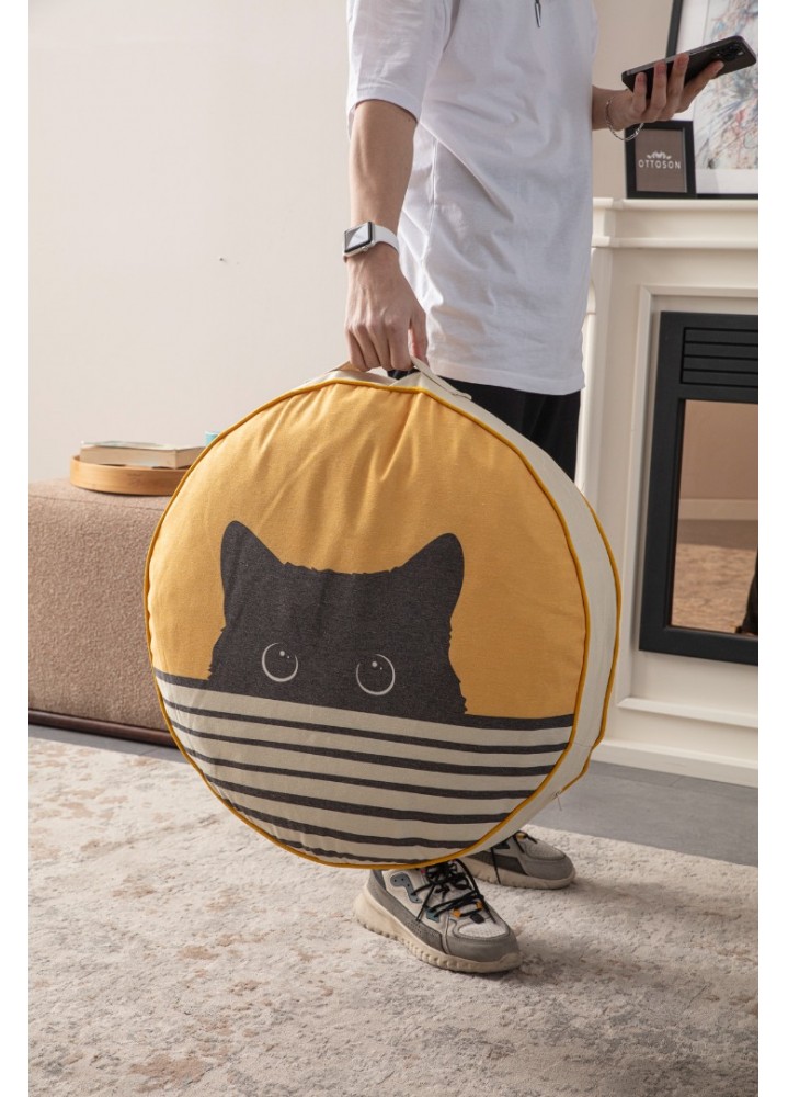 Serenon Peeking Cat Yer Minderi – Sarı Zeminli Çizgili Kedi Desenli