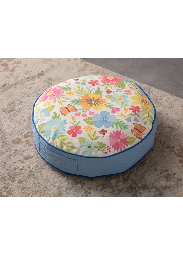 Serenon Happy Bloom Yuvarlak Yer Minderi – Rengarenk Çiçek Desenli & Mavi Kenarlı
