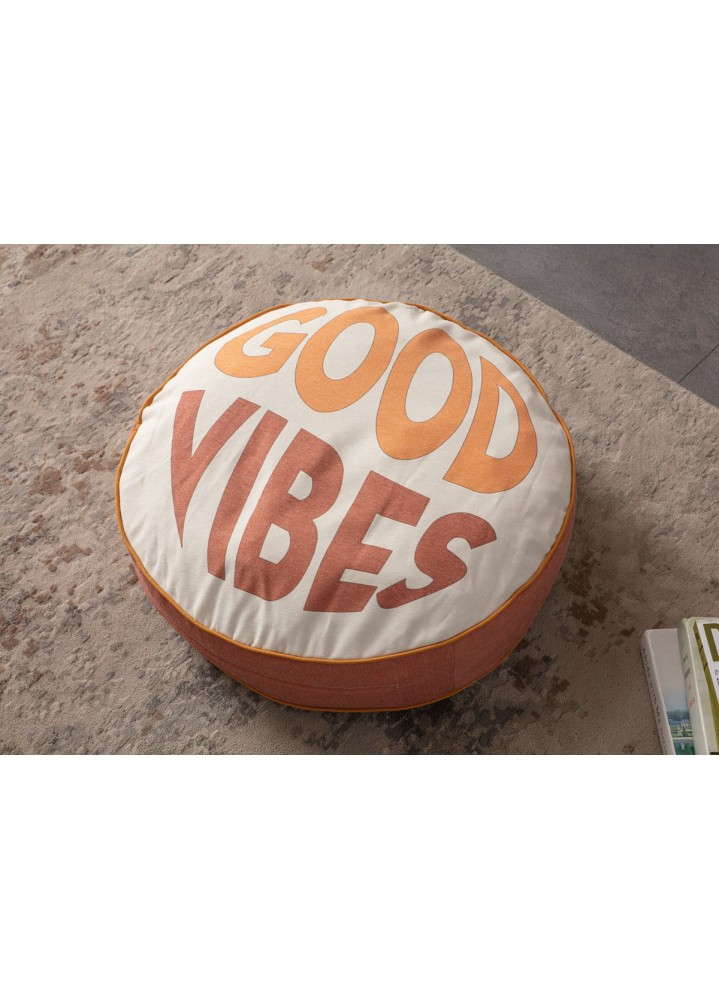 Serenon Good Vibes Yuvarlak Yer Minderi – Tipografik Desen & Turuncu Kenarlı