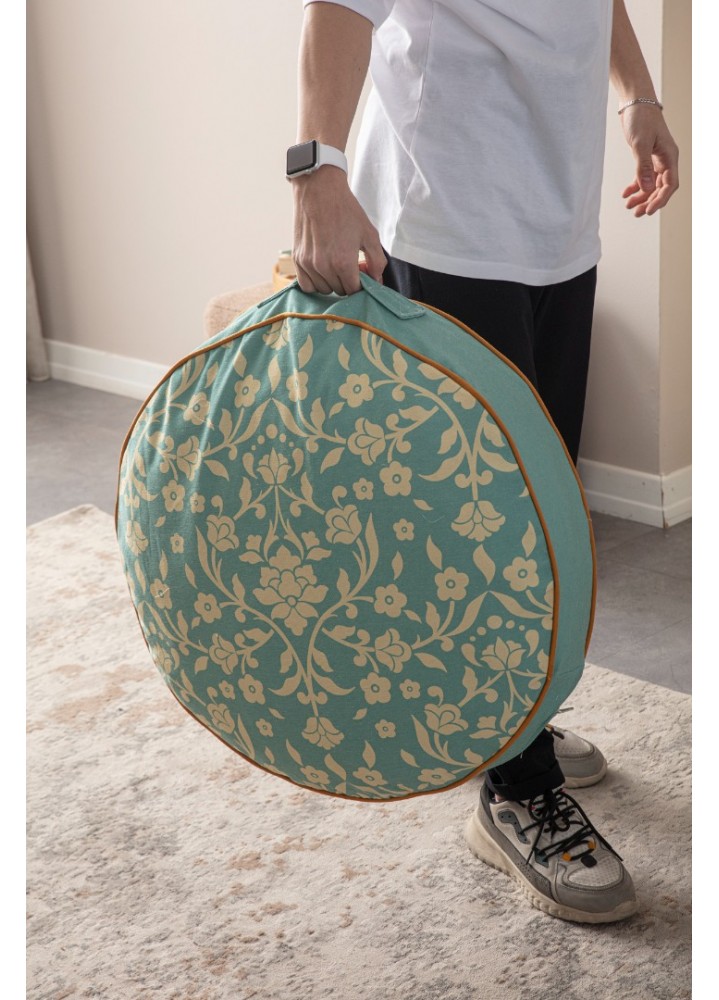 Serenon Elegant Mint Yuvarlak Yer Minderi – Mint Yeşili & Krem Çiçek Desenli