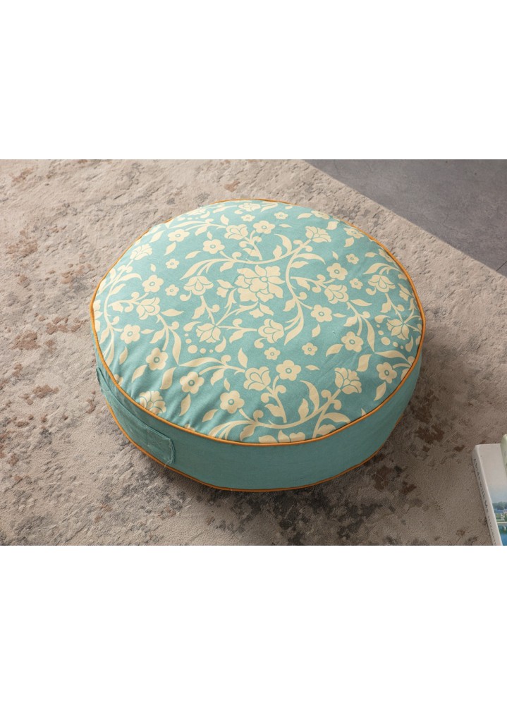 Serenon Elegant Mint Yuvarlak Yer Minderi – Mint Yeşili & Krem Çiçek Desenli